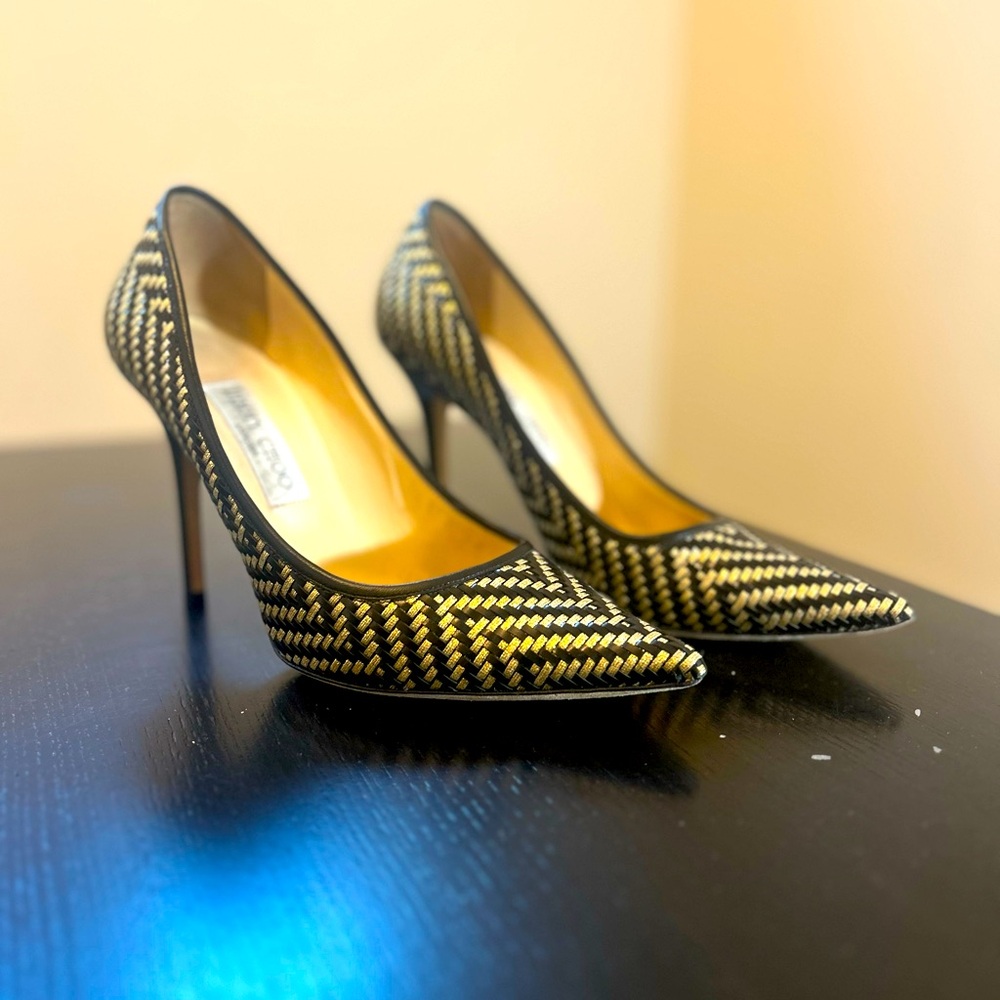 Jimmy Choo Black and Gold Patterned Heels